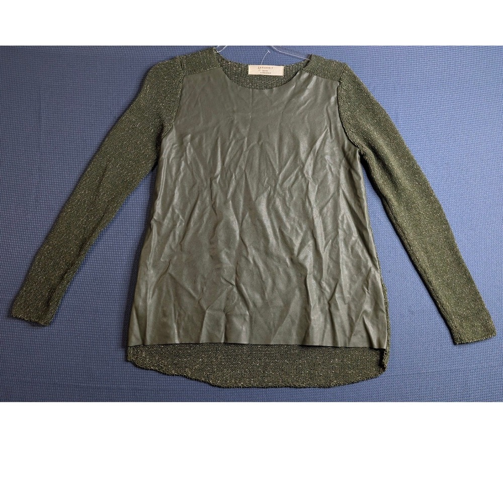 Zara Knit Olive Green Faux Leather Mixed Media Sweater High Low Hem Medium